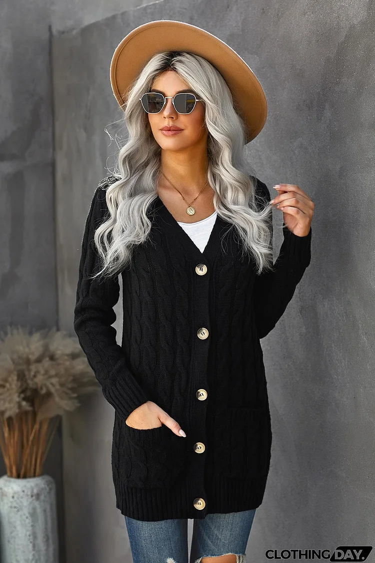 Winter Black Button Pocket Knit Cardigan