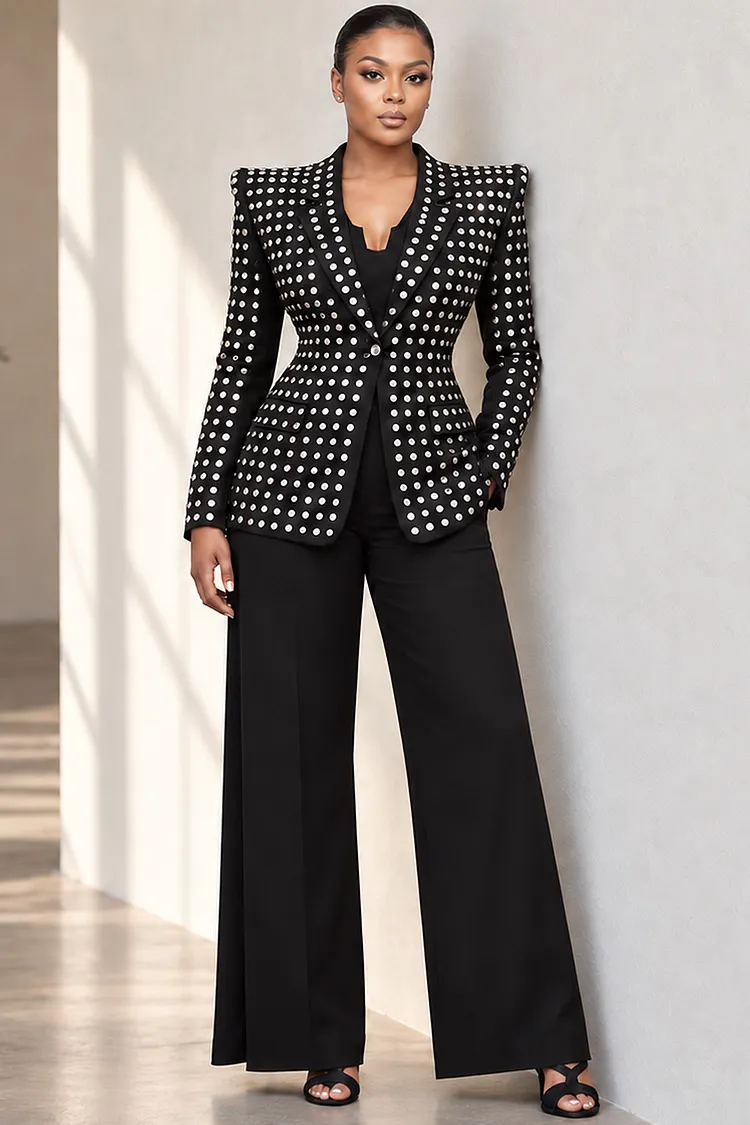 Xpluswear Design Plus Size Formal Black Lapel Collar Long Sleeve Pocket Wide Leg Two Piece Pant Suits [Pre-Order] 2024 - Xpluswear