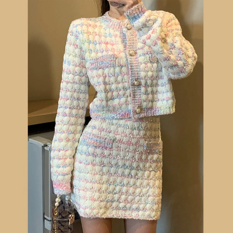 High Quality Small Fragrance Vintage Knit 2 Piece Set Women Crop Top Sweater Cardigan Coat + Skirts Sets Sweet Two Piece Suits