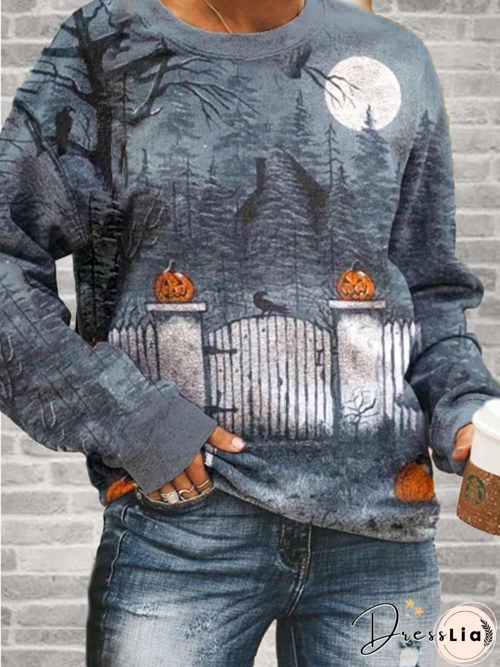 Light Blue Crew Neck Printed Outdoor Sweatshirts