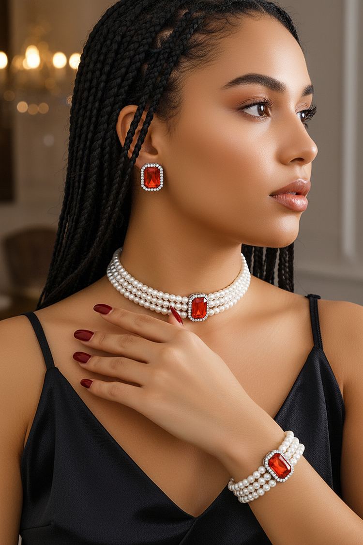 Fashion Rhinestone Multilayer Pearl Choker Earrings Ring Bracelet Jewelry Set