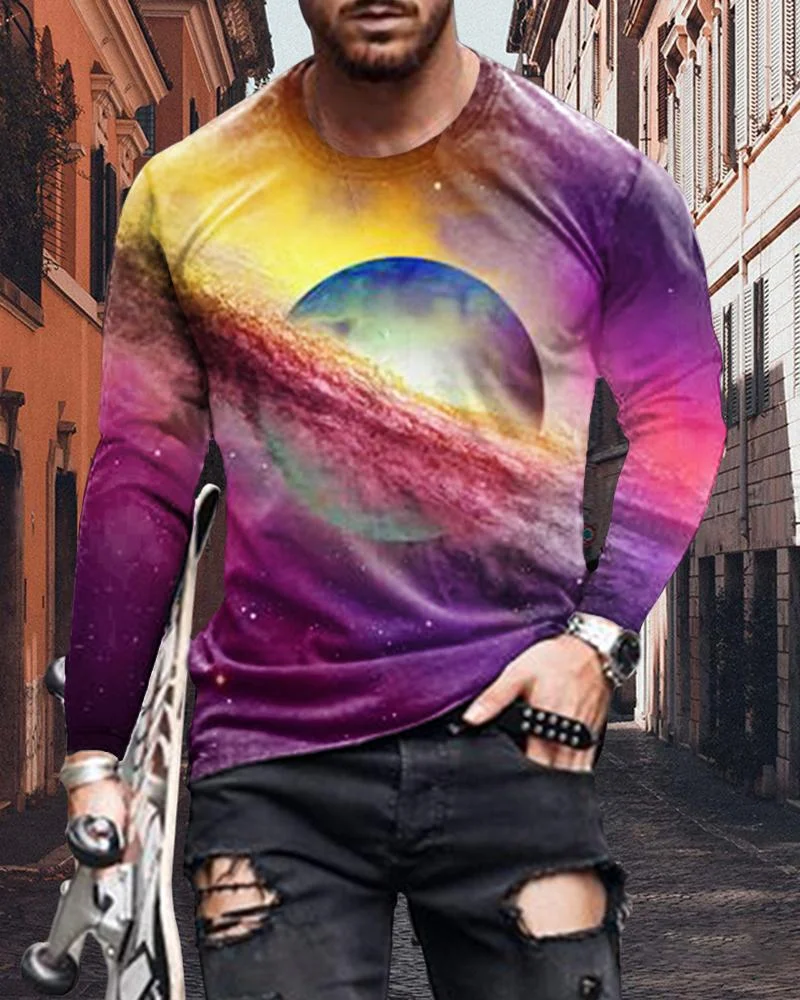Men's Fashion Purple Planet Printing Long-sleeved T-shirt
