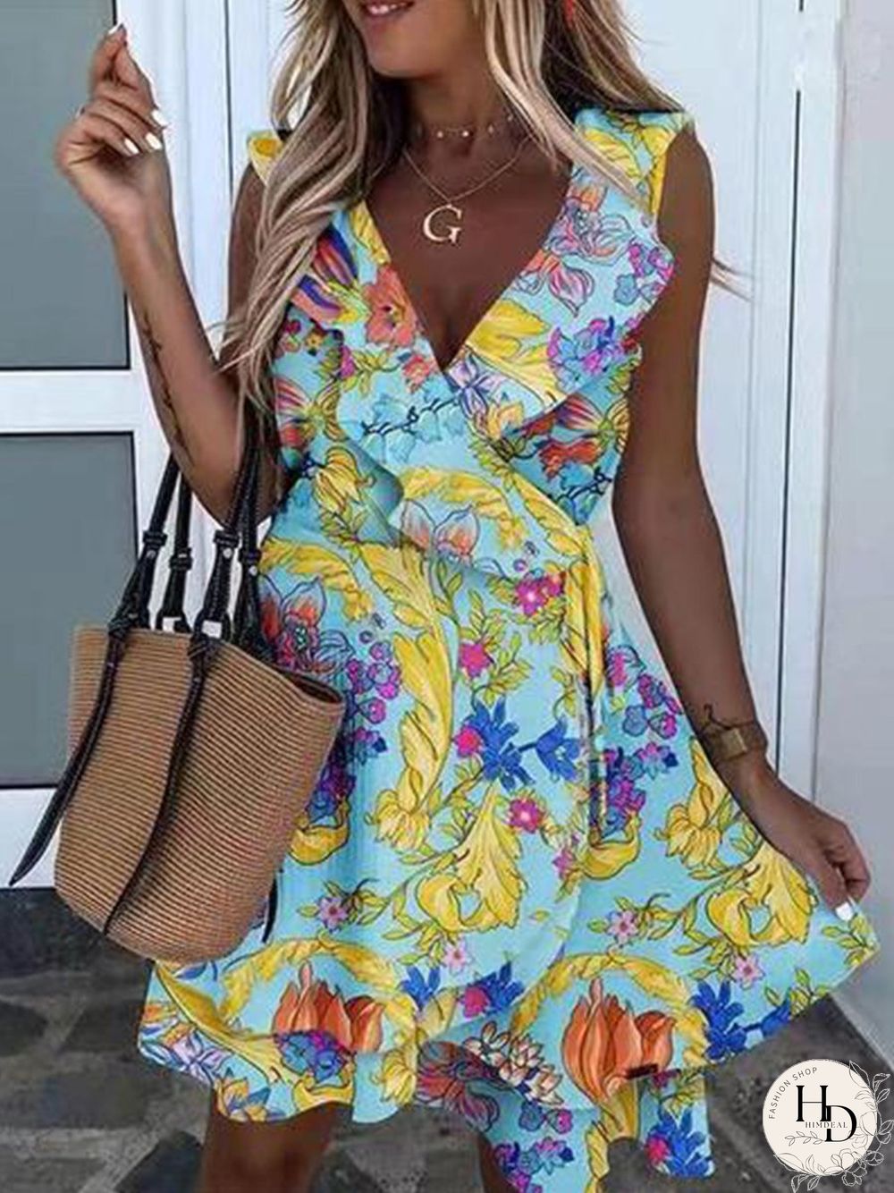 V-neck Sleeveless Flower Print Ruffle Mini Dress P16330