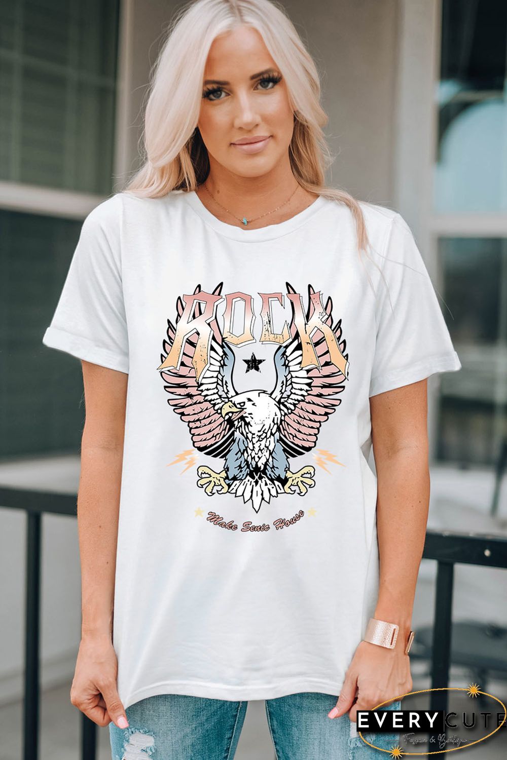 White ROCK & Eagle Graphic Round Neck Tee