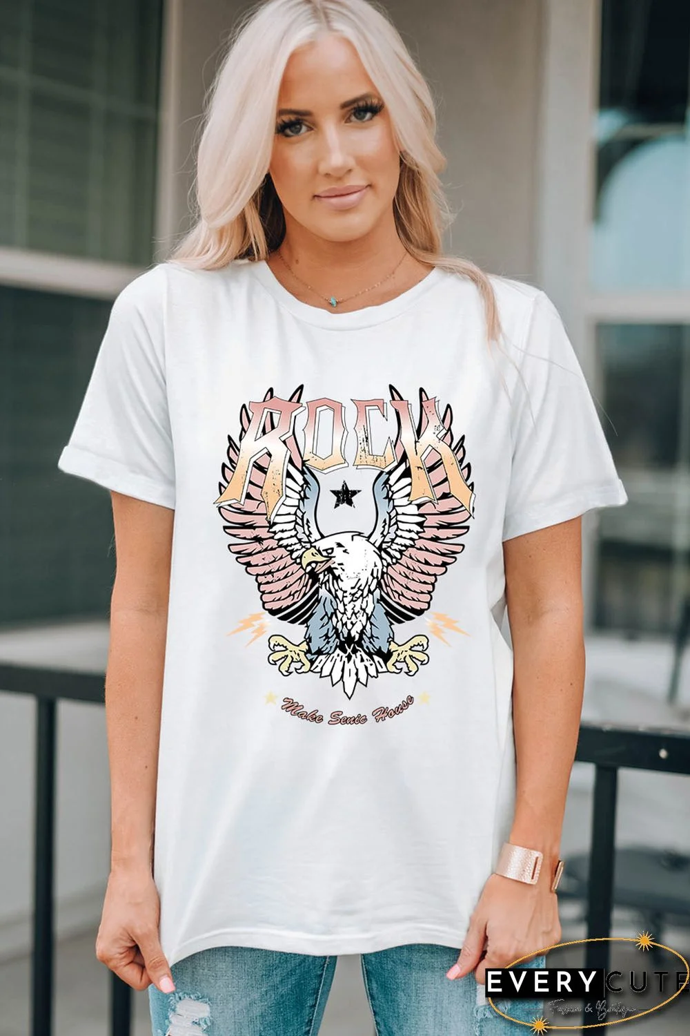 White ROCK & Eagle Graphic Round Neck Tee