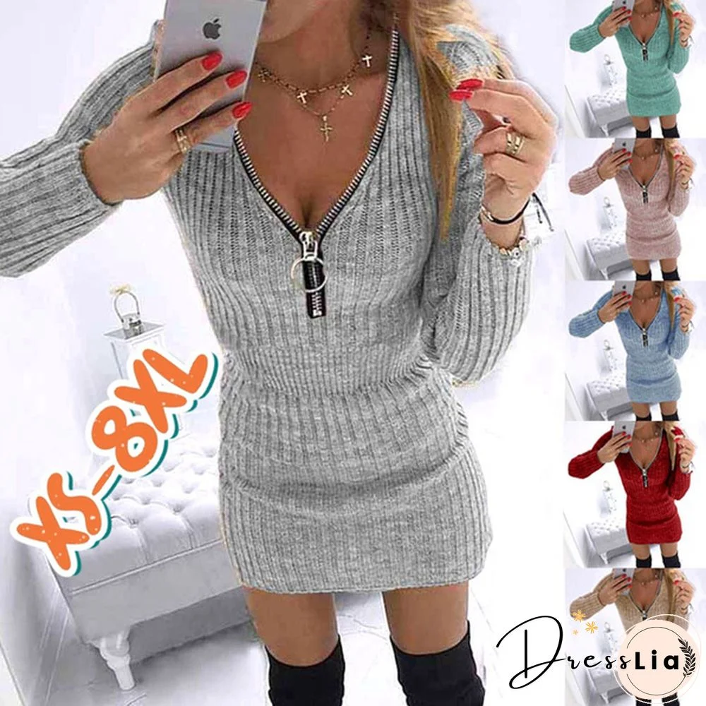 Women Fashion Plus Size Autumn And Winter Warm Casual Long Sleeve Dress Package Hip Party Dress Ladies Pullover Mini Slim Fit Knitted Dress