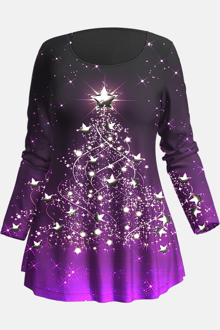 Flycurvy Plus Size Christmas Purple Ombre Christmas Tree Print T-Shirt  flycurvy [product_label]