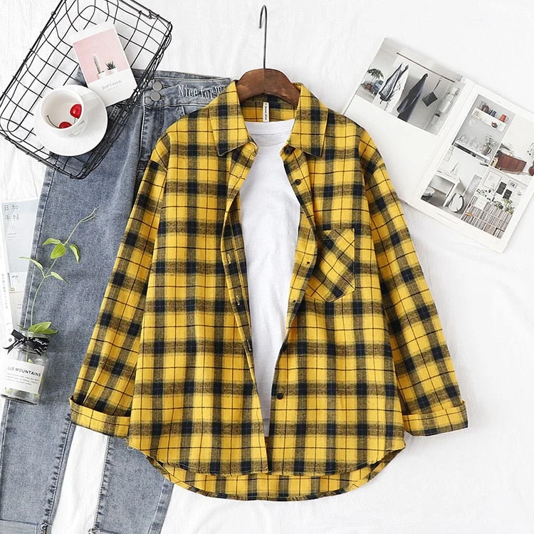 2021 New Loose Design Cotton Plaid Shirt Women Young Style Long Sleeve Blouses Casual Shirts Lady Tops Clothes Blusas