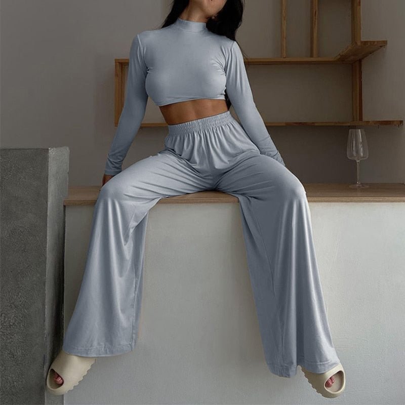 Sexy Two Piece Set Women Skinny Turtleneck Long Sleeve Cropped Top And Elastic Wide Leg Pant Suit Elegant Female Solid Tracksuit