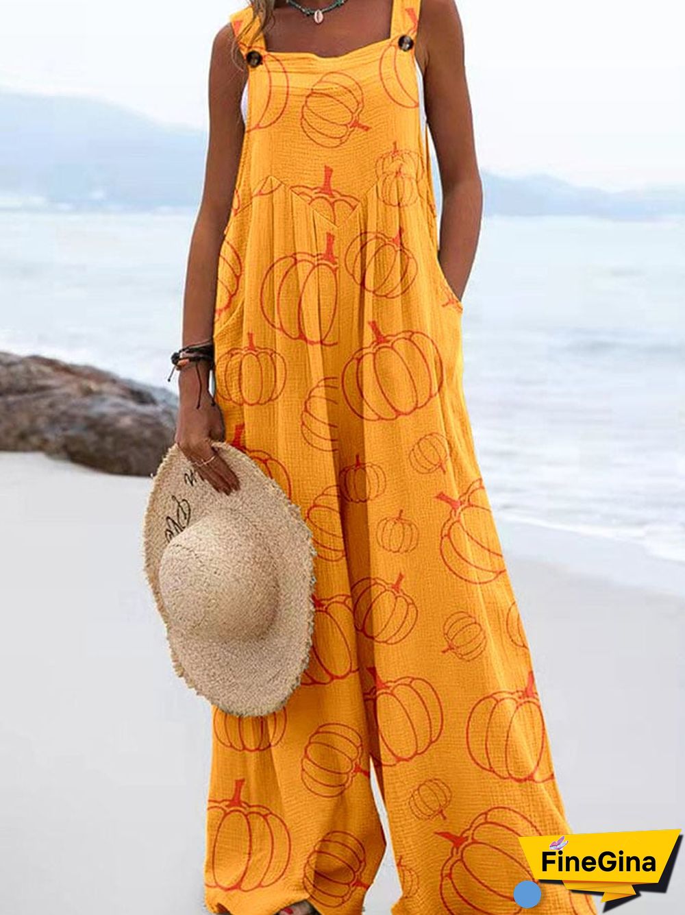 Vintage Paneled Pumpkin Print Overalls