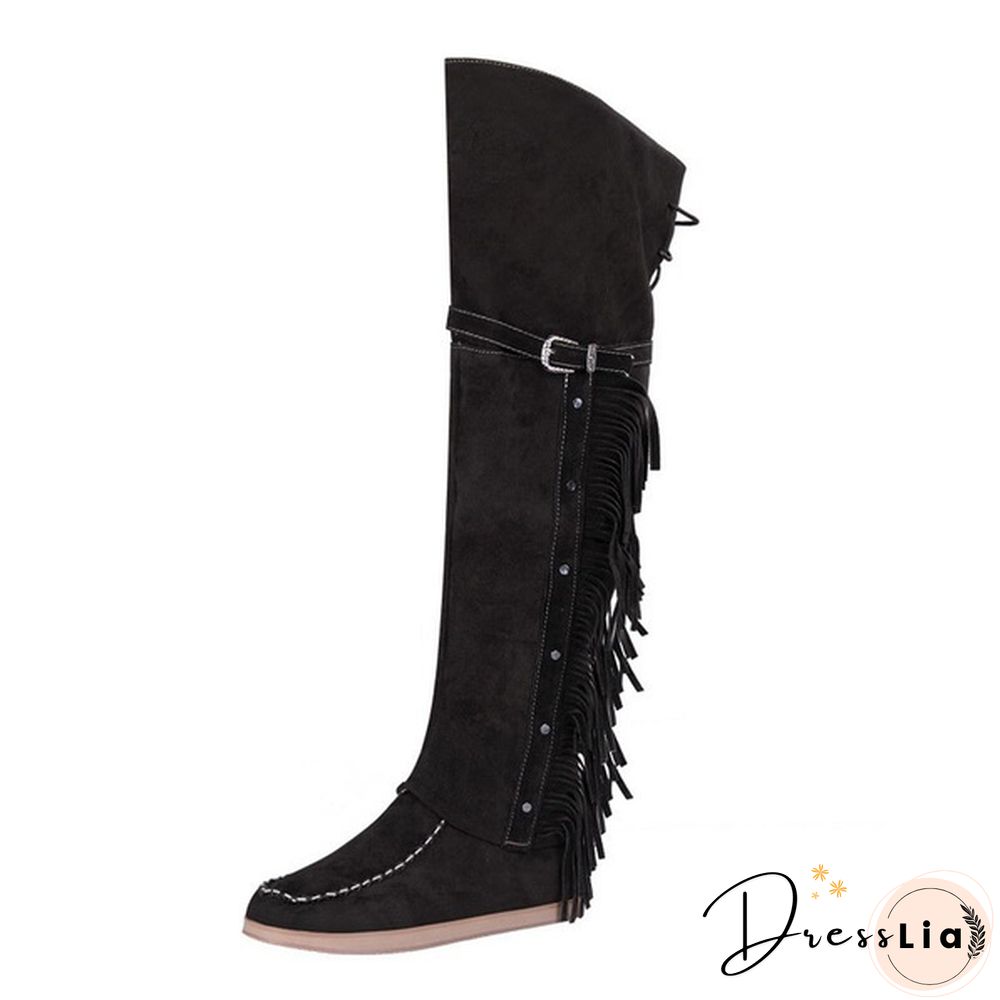 Winter Women Faux Suede Tassel Boots Fashion Ethnic Fringe Boho Long Boots Flat Heel Knee High Boots