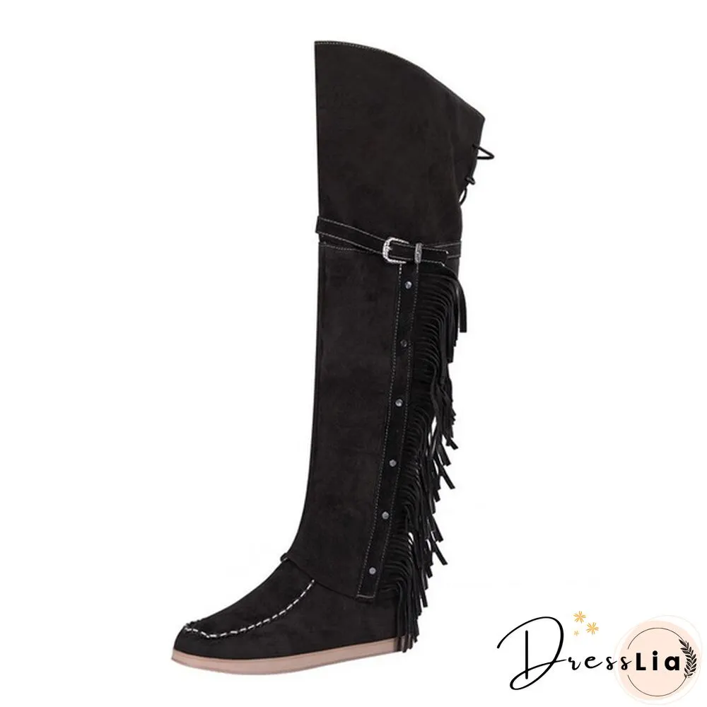 Winter Women Faux Suede Tassel Boots Fashion Ethnic Fringe Boho Long Boots Flat Heel Knee High Boots