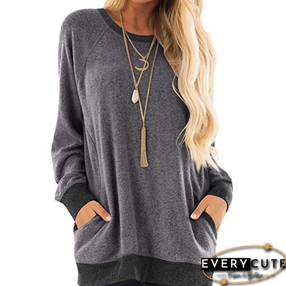 Dark Gray Colorblock Autumn Sweatshirt with Pockets