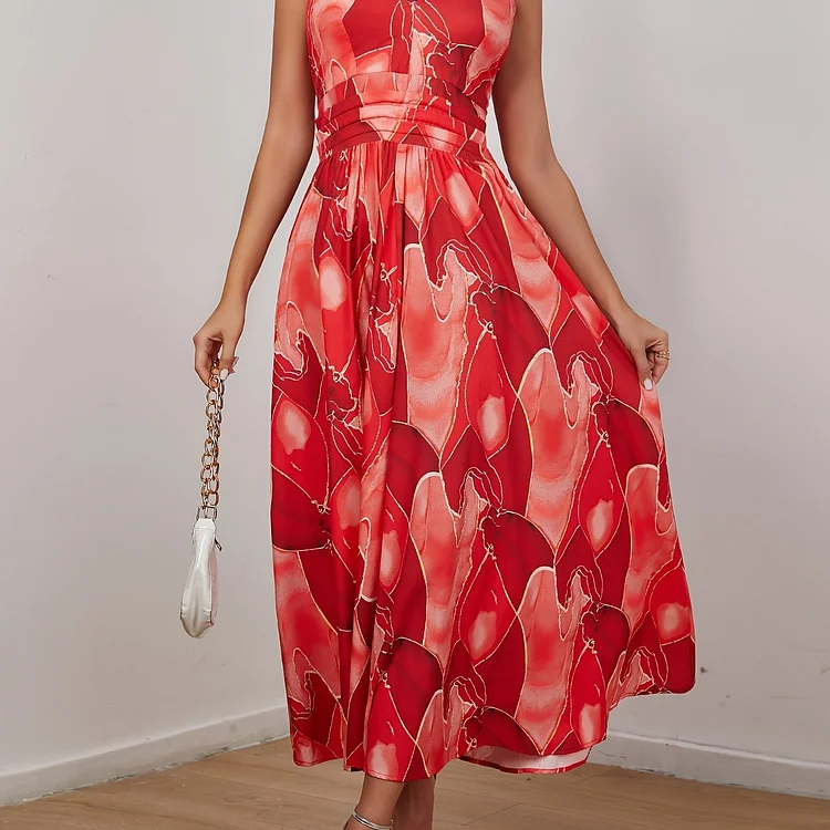 Allover Print Cross Tied Halter Dress, Boho Backless Cinched Waist Maxi Dress, Women's Clothing