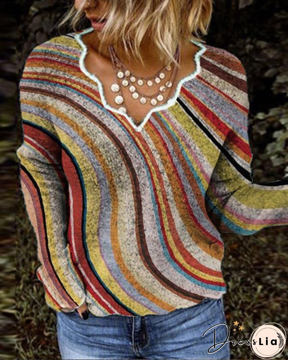 Women Exotic V Neck Long Sleeve Stripes Sweater