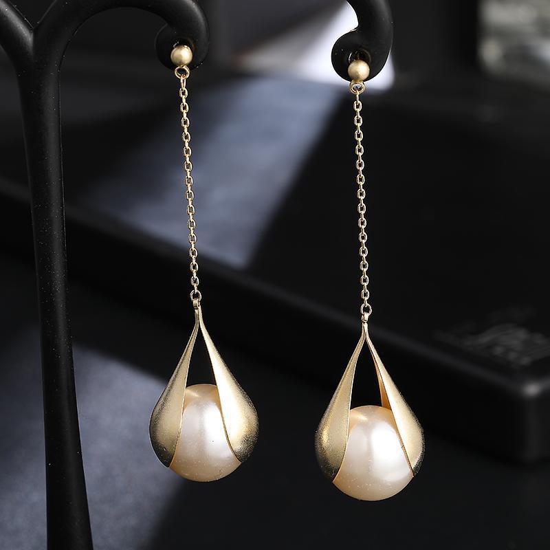 Searchwombat Korean Fashion Long Dangle Imitation Pearl Drop Earrings for Women Wedding Party Vintage Golden Color Plated Statement Jewelry