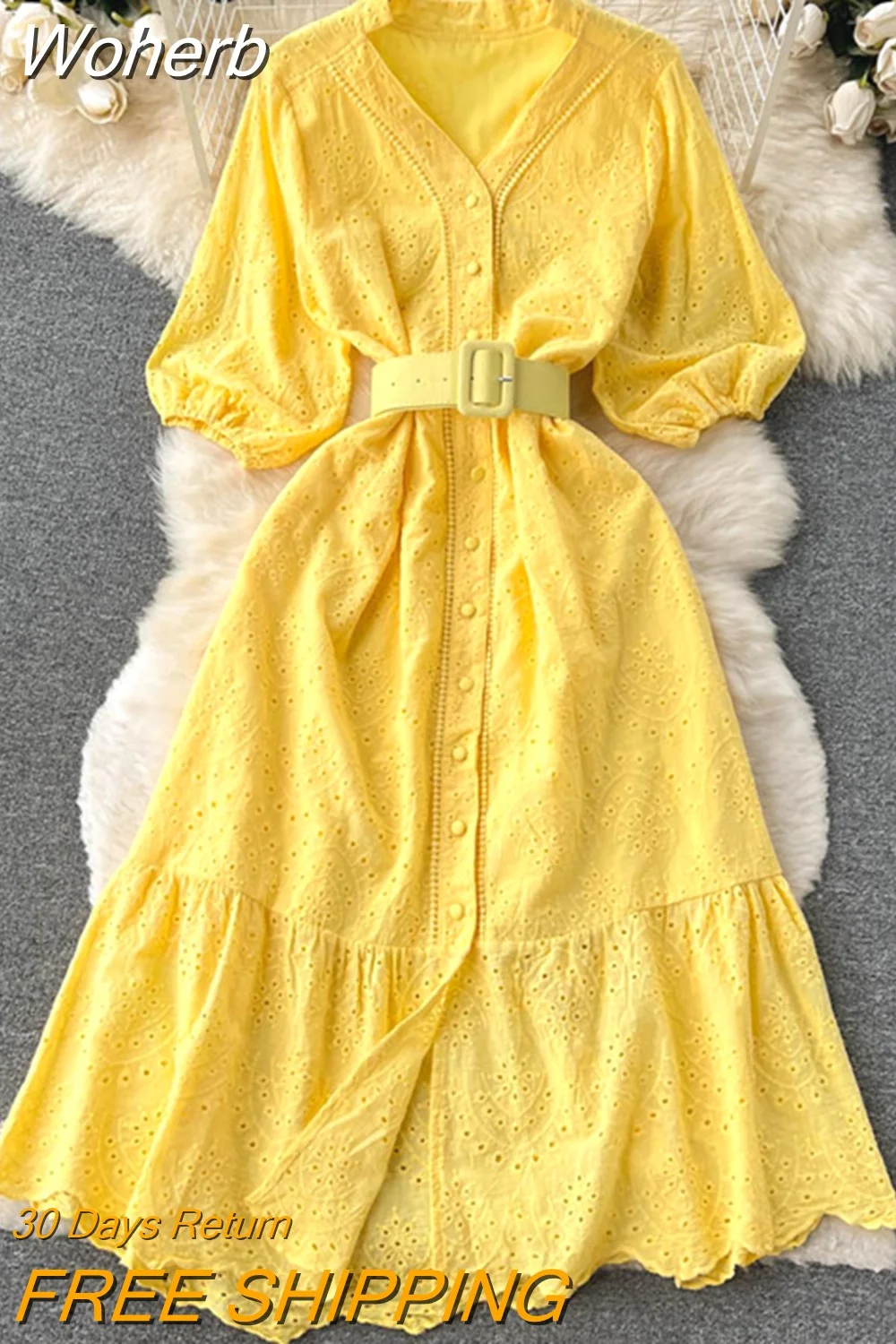 Woherb Cutwork Long Dress for Women Embroidery Cotton Maxi Dress Summer V-neck Puff Sleeve Casual Dress Female With Belt-Outfit Ideas