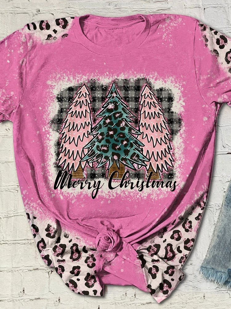 Merry Christmas Tree Bleached Leopard Print Short Sleeve T-shirt