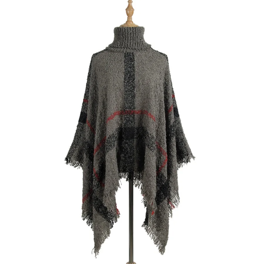 Fitshinling Bohemian Fringe Poncho Women Sweater Oversized Turtleneck Jumper Knitwear Holiday Vintage Cape Batwing Sleeve Ponczo