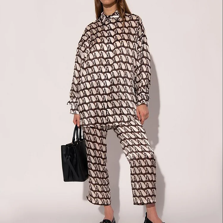 Trendy Geometric Print Long Sleeve Shirt Two Piece Set