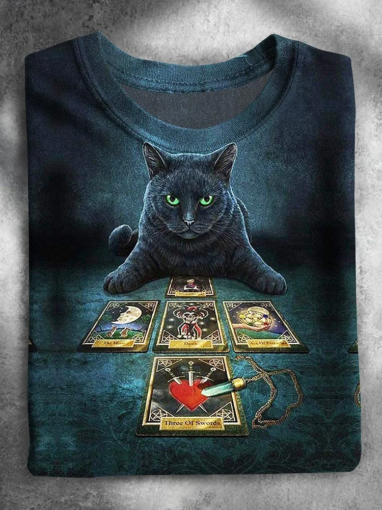 Black Cat With Tarot Cards Halloween Casual Print T-shirt