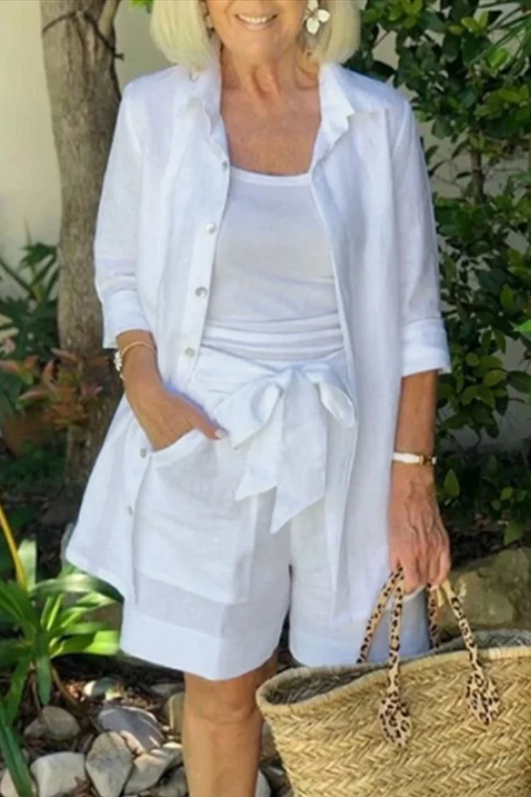 Casual Solid Patchwork Turndown Collar Three Quarter Two Pieces（4 colors）