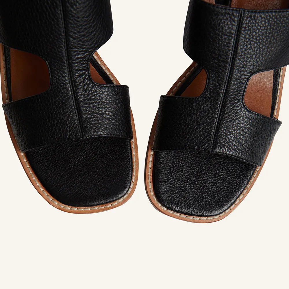 Black Vegan Leather Open Square Toe Slingback Low Heel Sandals