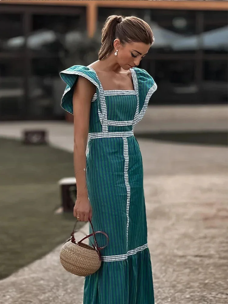 Tlbang Plaid Flying Sleeve Shoulder Midi Dress Elegant Spliced Square Collar High Waist Vestidos Spring High Street Female Robe