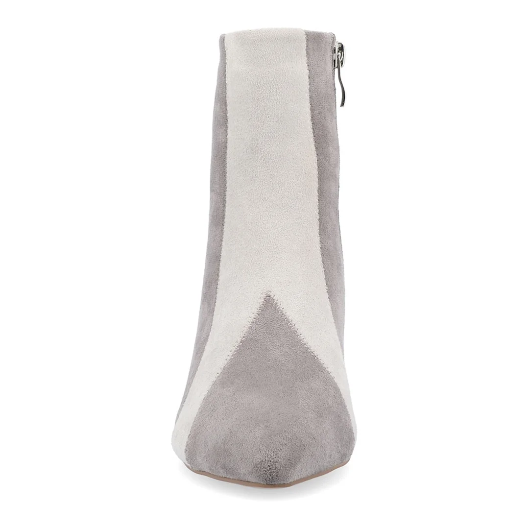 Gray & White Faux Suede Pointed Toe Rhinestone Embellished Ankle Boots