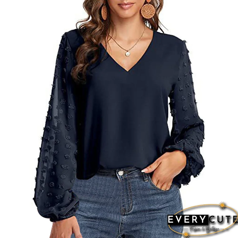 Navy Blue V Neck Splicing Swiss Dot Long Sleeve Blouse