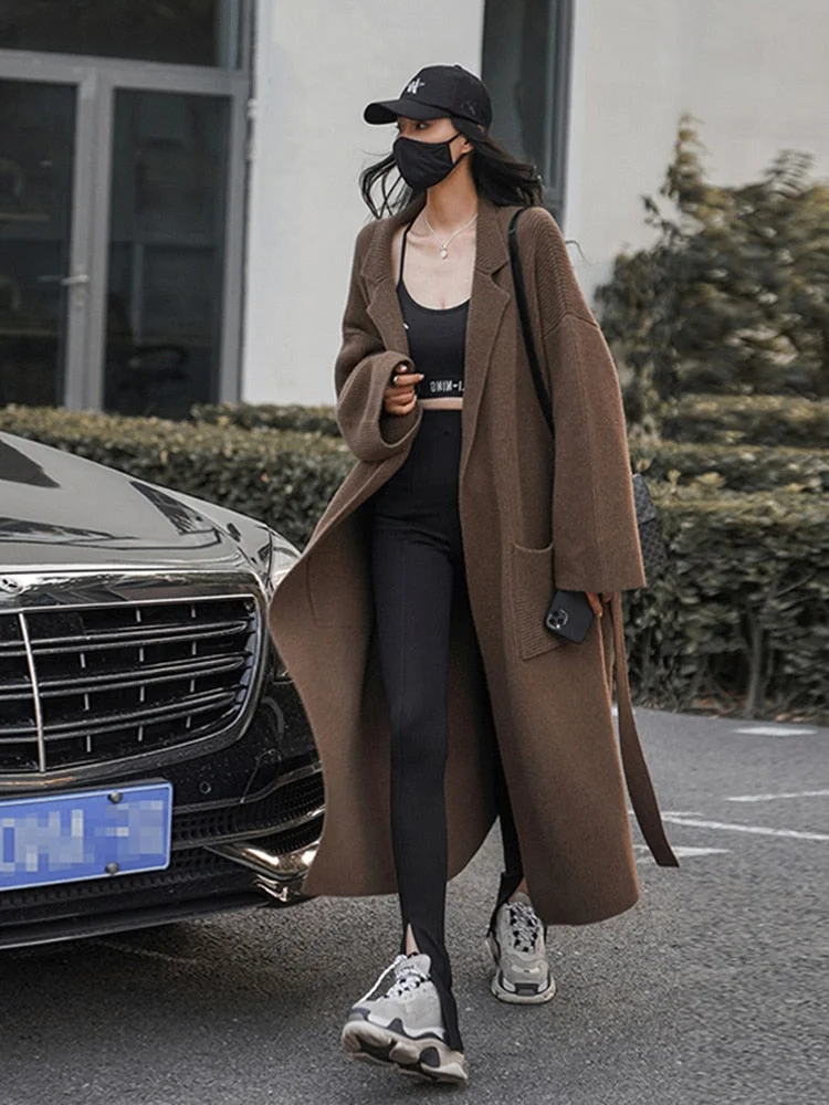 Women Casual Autumn Winter Long Knitted Cardigan Sweater Sashes Cardigan With Belt Outerwear Solid Oversized