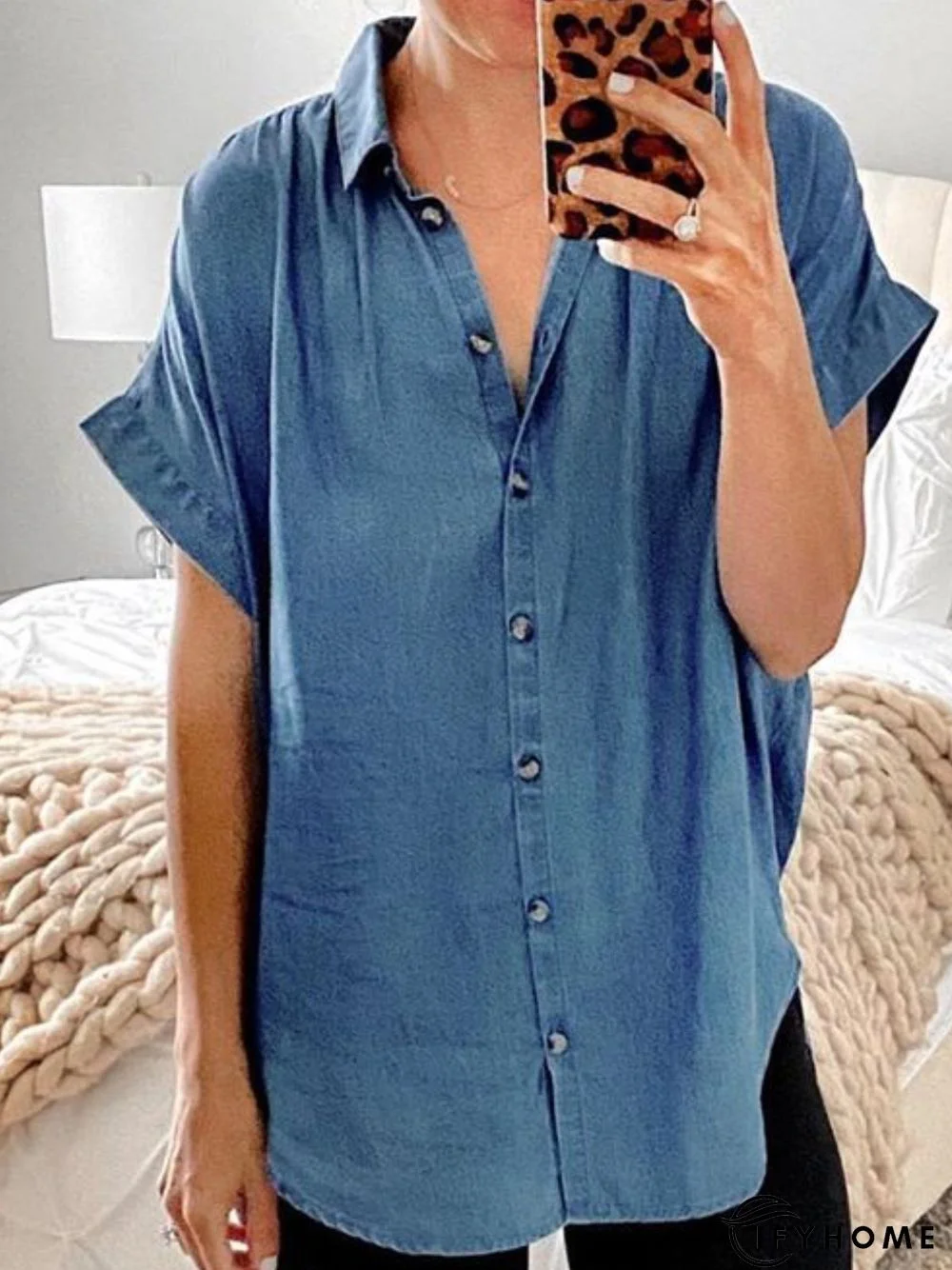 Blue Buttoned Short Sleeve V Neck Tops | IFYHOME