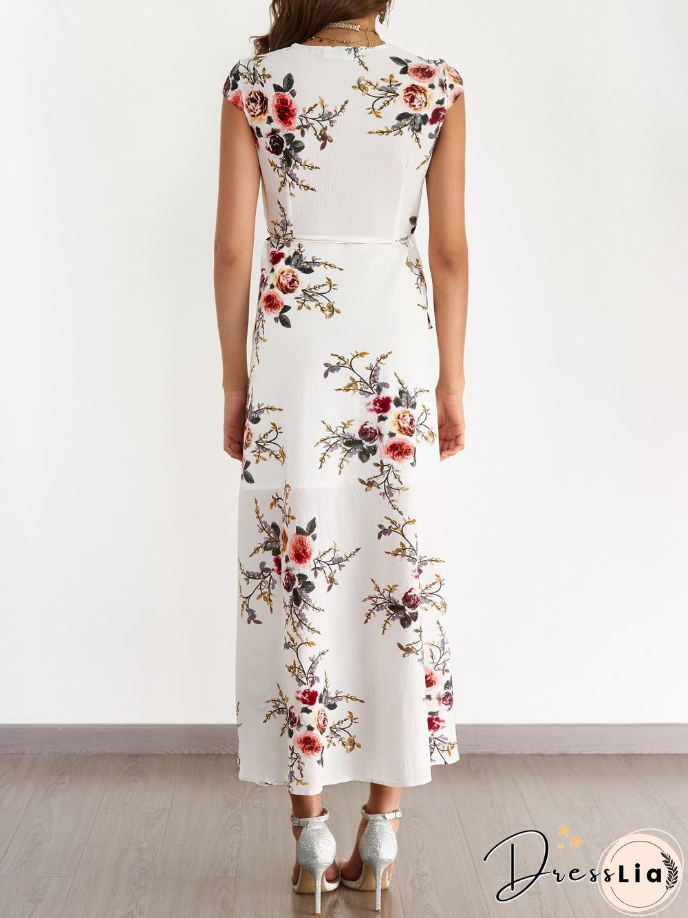 White V-Neck Random Floral Print Self-Tie Dress