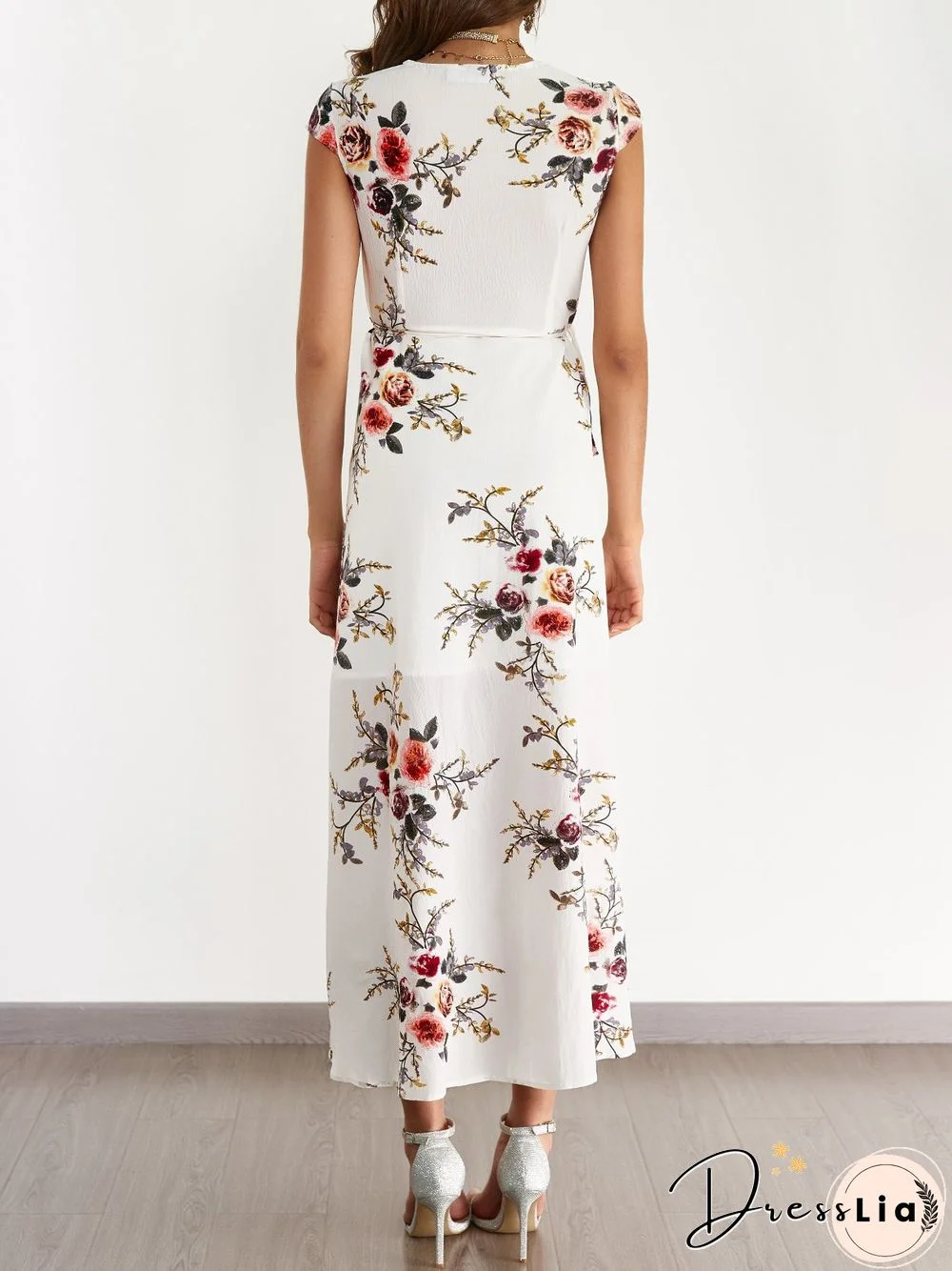White V-Neck Random Floral Print Self-Tie Dress
