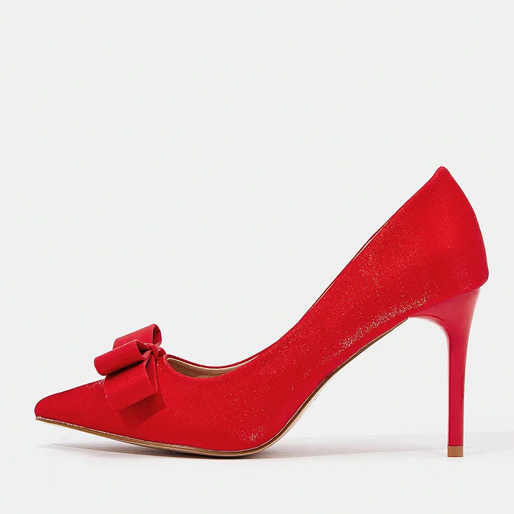 Red Pointed Toe Bow Shoes Elegant Stiletto Heels Evening Sexy Pumps |FSJ Shoes
