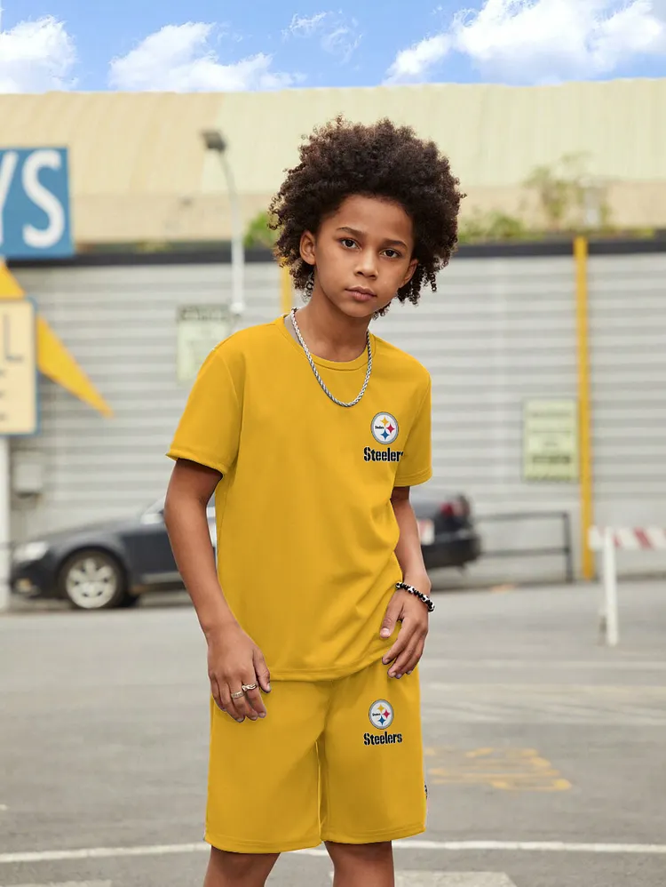 Pittsburgh Steelers New Design Kids（5-14Y)' Casual Crew Neck T-shirt And Drawstring Shorts  2pcs/Set