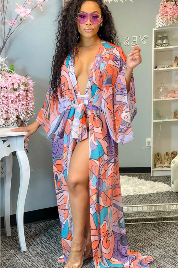 2pcs Printed One-Piece Swimsuit with Cover Ups