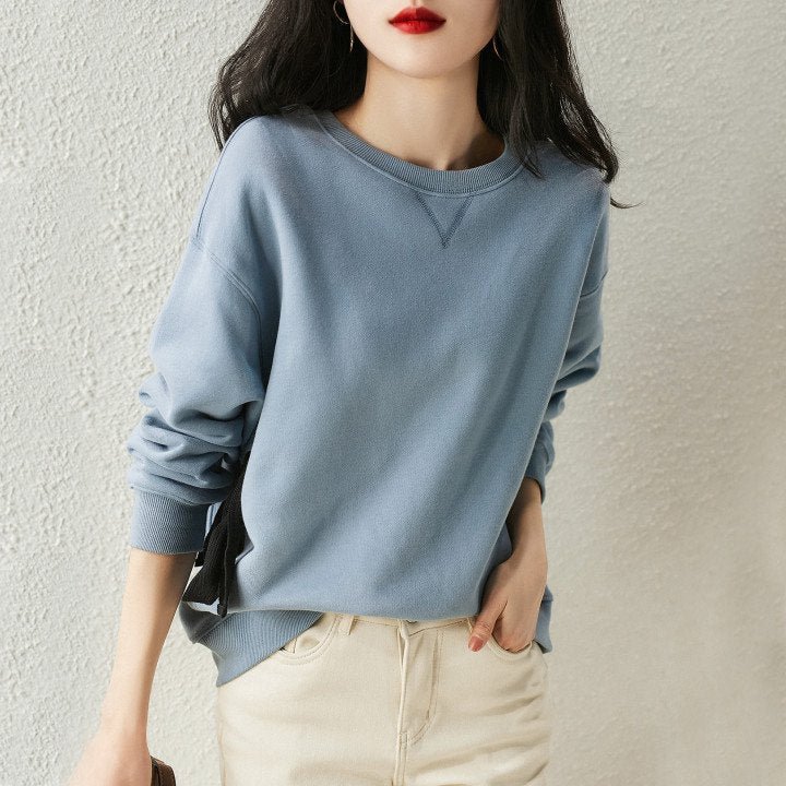 Blue Cotton-Blend Shift Plain Casual Sweatshirt