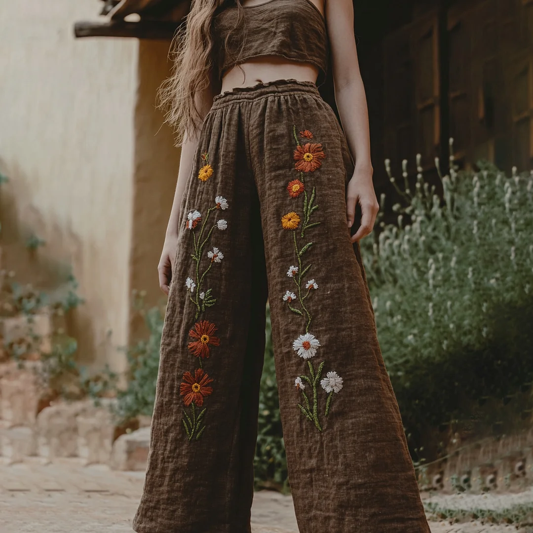 Women's Retro Linen  Floral Boho Loose Wide-leg Trouser Pants