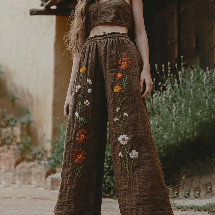 Women's Retro Linen  Floral Boho Loose Wide-leg Trouser Pants