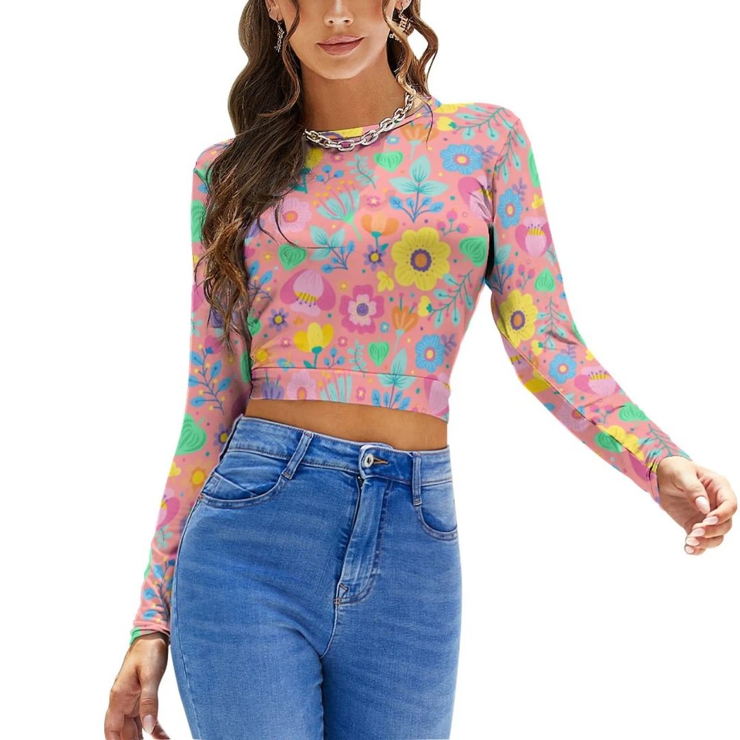 Fulcolor Seamless Ditsy Floral Pattern Backless Shirt Crewneck Casual Long Sleeve Crop Tops for Women - neewho