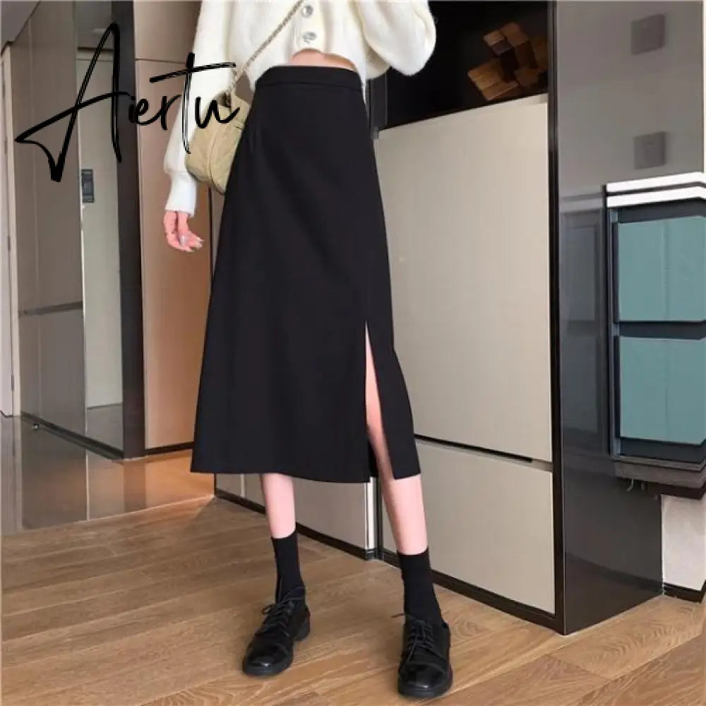 Skirts Women Black High-waist Side-split Midi Skirt Ladies Stretchy Body-con A-line Vintage Elegant All-match Simple Fashion New Aiertu