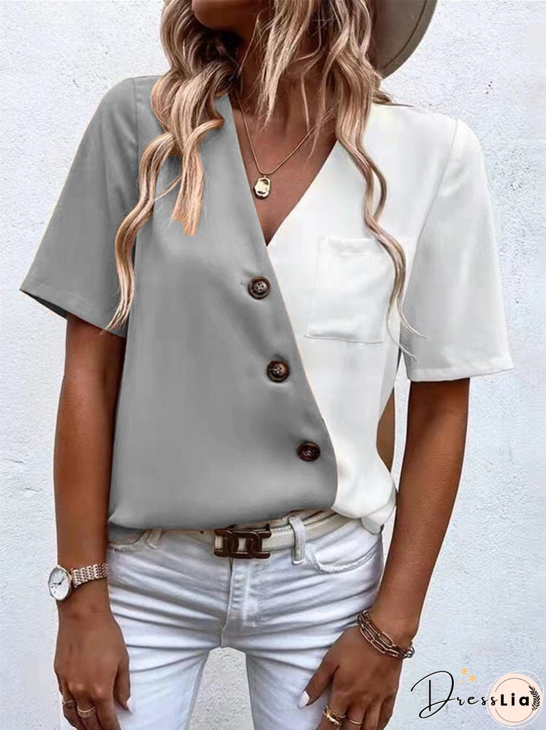 V-neck Chiffon Fashion Contrast Color Short-sleeved Shirt Top