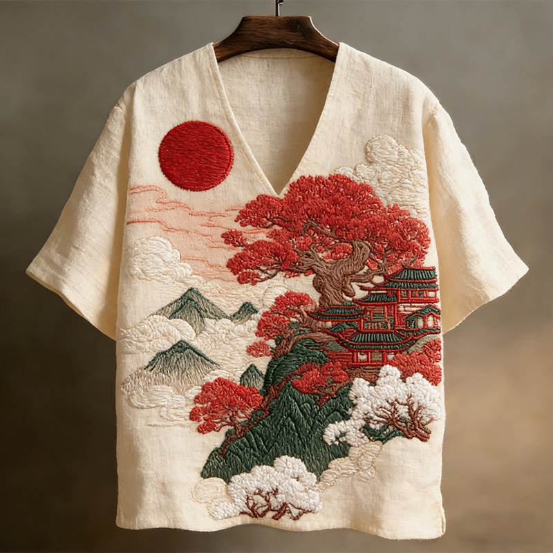 Men's Japanese-style Landscape Pattern Short-sleeved V-neck Shirt  artssus