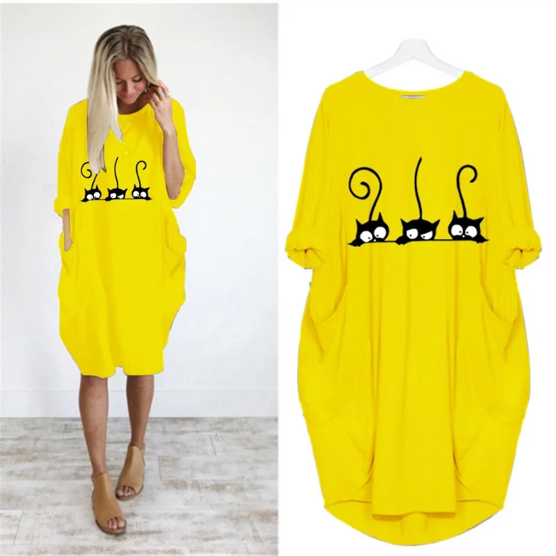 Autumn Dress Women Fashion Cat Print O Neck Long Sleeve Loose Elegant Party Ladies Dresses Plus Size Casual Midi Dress Vestidos