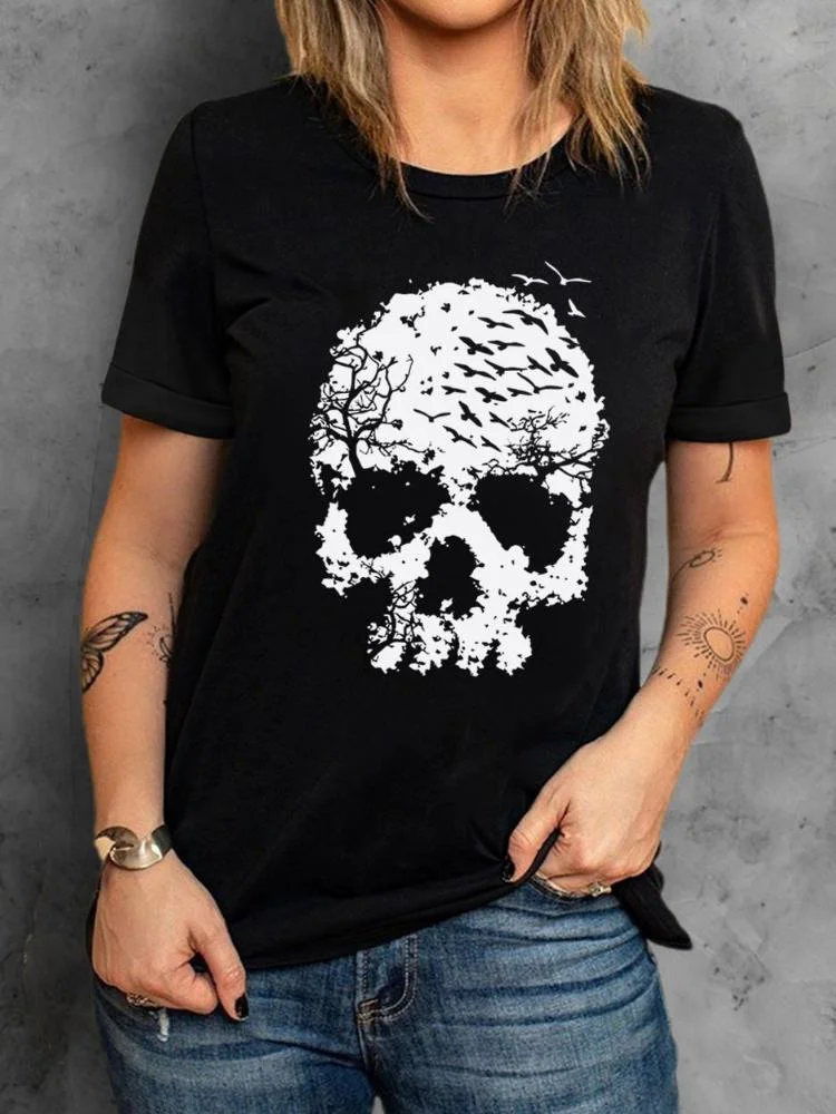 Black Skull Print Short Sleeve Crewneck Halloween T-Shirt