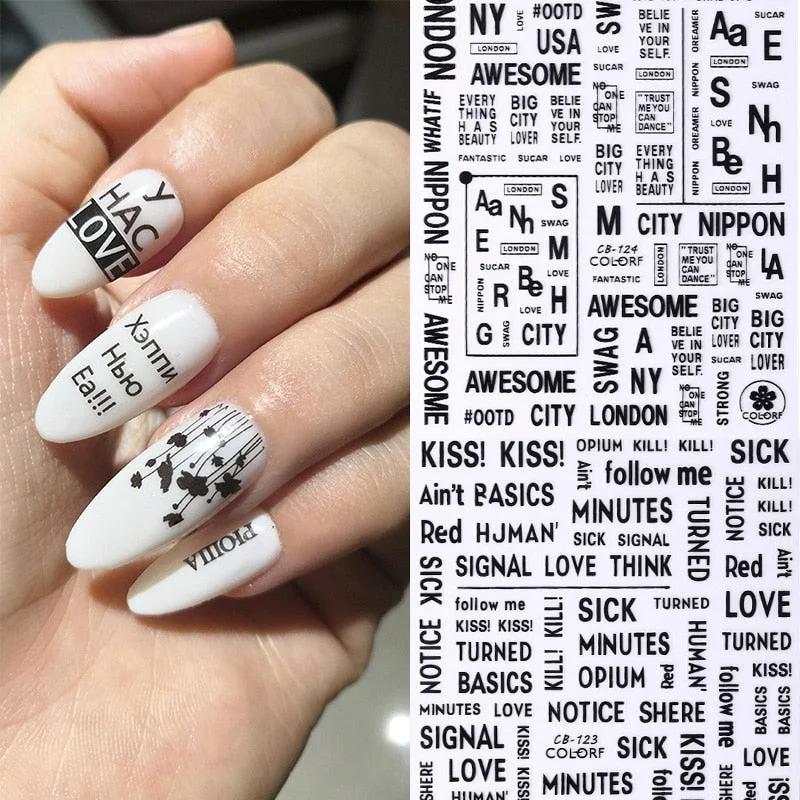 1 Sheet 3D Nail Stickers Black Geometric Flower Letter Patterns Adhesive Transfer Decals Nail Art DIY Design Decoration-Nail Inspo