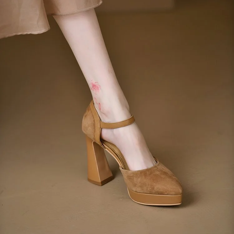 Yyvonne Temperament Coarse Velvet High-Heeled Shoes Women 2025 Spring Waterproof Table Thick Bottom Tip One By One With Shallow Mouth Empty Sandals