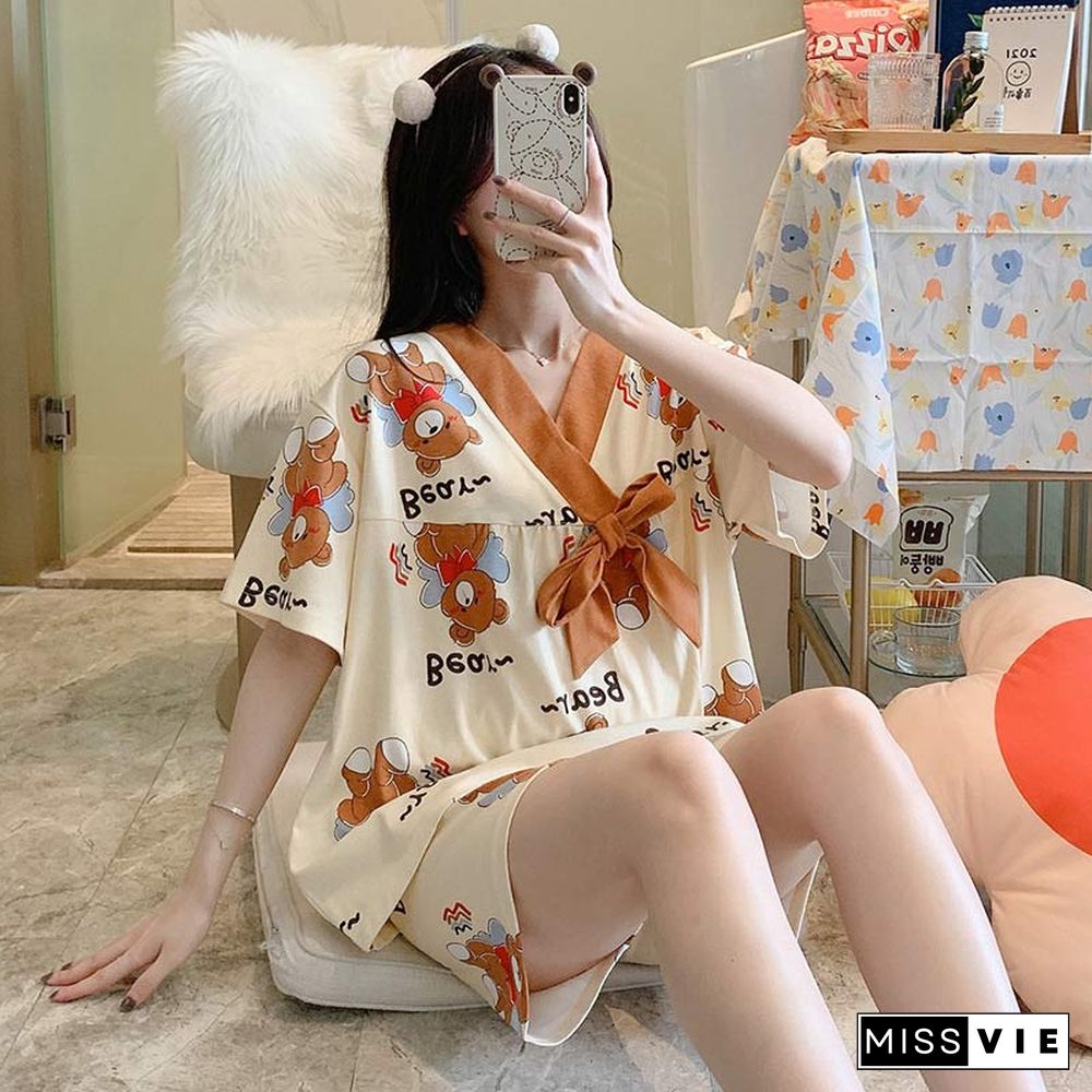 Cute Cartoon Bear Print T-shirt Shorts Pajamas Two Pieces Set