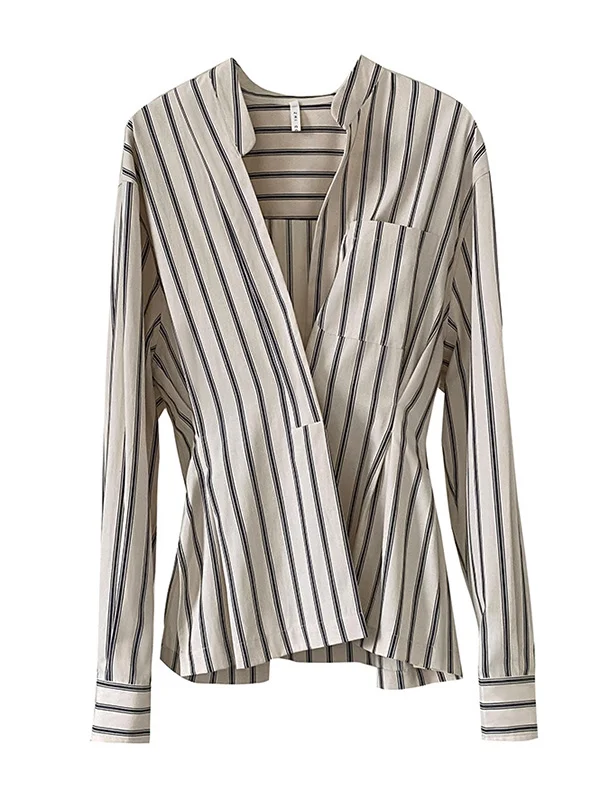 Original Creation Loose Long Sleeves Striped V-Neck Blouses&Shirts Tops